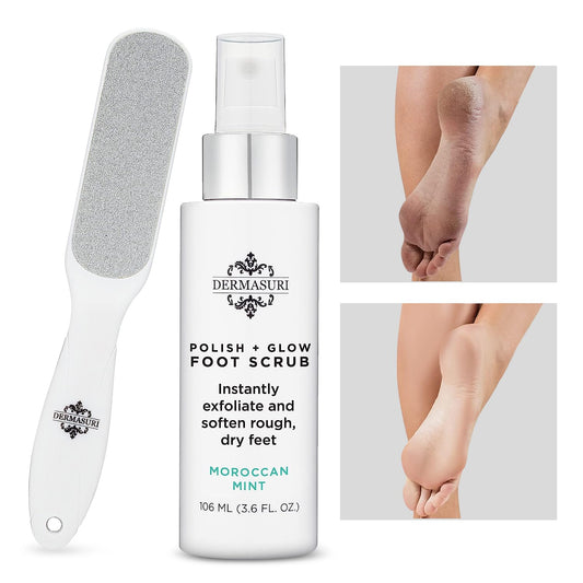 Dermasuri Callus Remover Foot Scrub - Exfoliating Feet Spray-on Formula and Reusable Deluxe Foot File - Dead Skin Remover, Callus Rasp, Scrubber, Peel & Soften Cracked Heels - Deluxe Pedicure Spa Kit