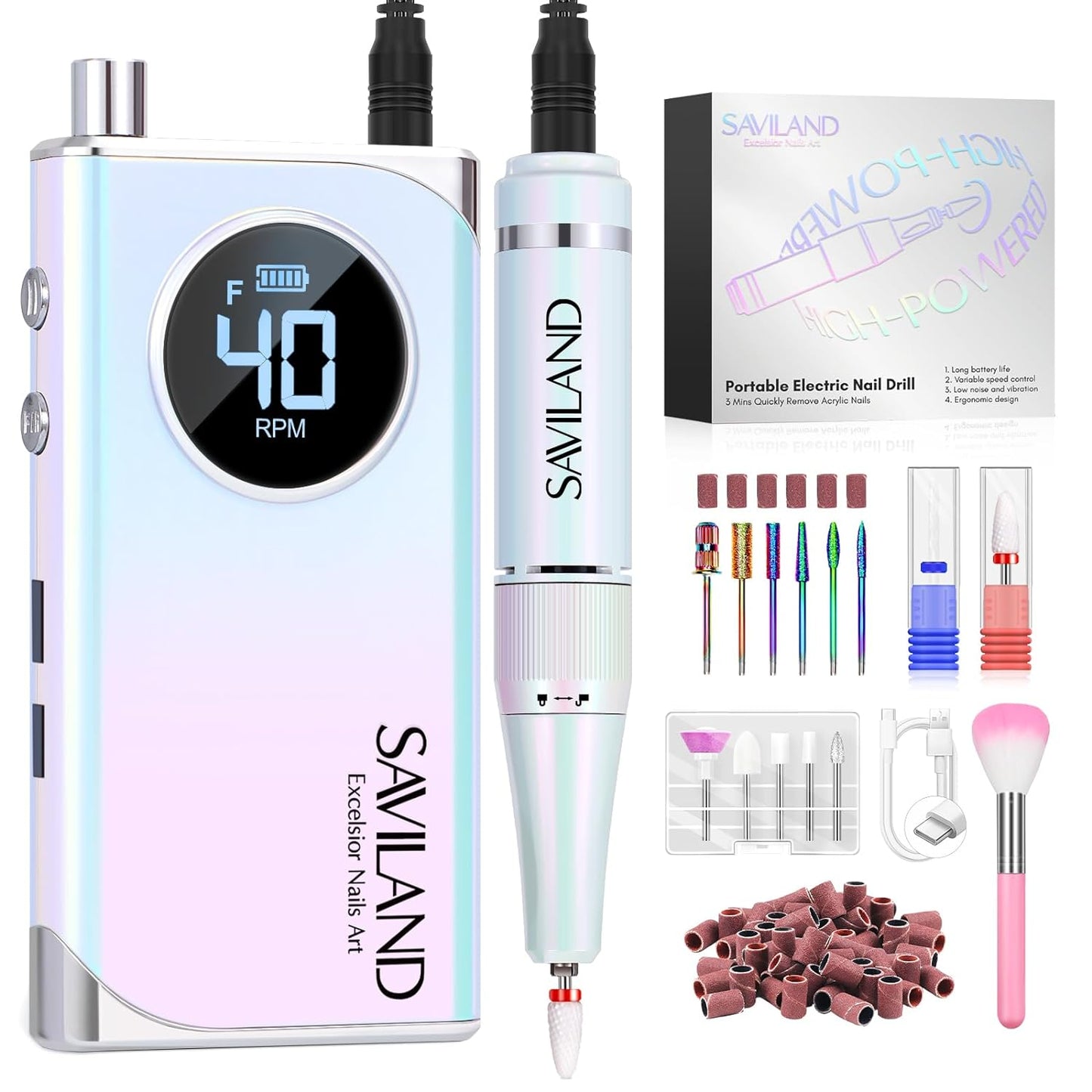 SAVILAND Nail Drill for Acrylic Nails Professional: 40000RPM Nail Drill 6000mAhm High Capacity Rechargeable Electric Nail File 13 Drill Bits for Nails Manicure Pedicure E File Sky Realm