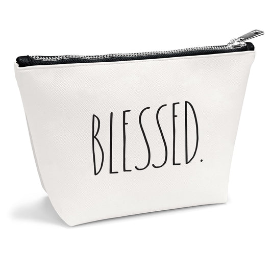 Rae Dunn Cosmetic Bag for Makeup & Toiletries - Fully Lined, Spacious Size: 8.25" W x 5.5" H x 2.75" D Clutch Pouch with Full-Zip Closure - Blessed