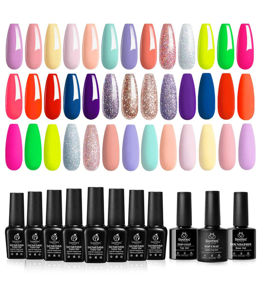 beetles Gel Polish Nail Set 23PCS Collection Pastel Yellow Blue Pink Neon Red Glitter Purple UV Nail Polish Manicure Kit for Women with Base Matte and Glossy Top Coat