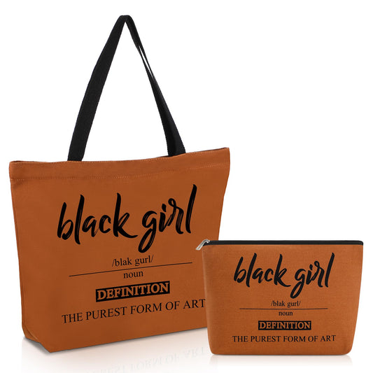 Coume 2 Pcs Valentine's Day Black Girl Definition Canvas Tote Bags Juneteenth Day Gift Brown Makeup Bag Set the Purest Form of Art Blk with Zipper Travel Trip Toiletry Bags for Women Shopping School