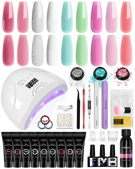 Phoenixy Poly Nail Gel Kit, 9 Colors Gel Nail Kit with 48W LED U V Nail Lamp Slip Solution Manicure Tools Red Pink Blue Green White Glitter Nail Extension Kit Starter Kit Gifts for Women