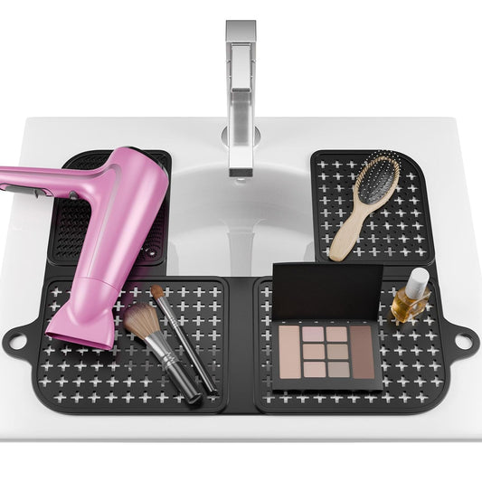 Bathroom Sink Cover for Counter Space, Silicone Sink Cover for Makeup, Foldable Heat Resistant Make-up Mat Beauty Must Haves Tool for Small Bathroom RV Camper Travel, Black