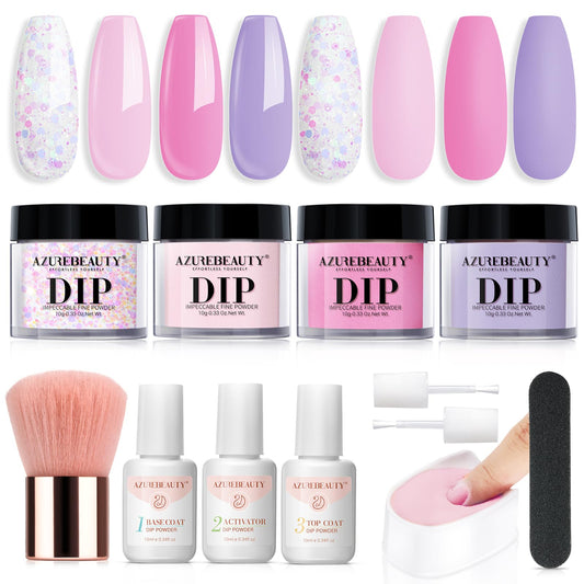 AZUREBEAUTY Dip Powder Nail Kit Starter, Lavender Pink Glitter, 4 Light Colors Spring Summer Dipping Powder Set, Y2K Style French Nail Art Base Top Coat Activator Liquid Manicure DIY Salon 12 PCS