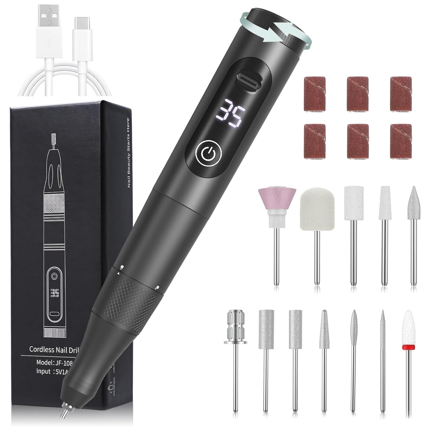Professional Nail Drill Cordless, 35000RPM Touchscreen Portable Efile Nail Drill Kit with LCD Display for Manicure Pedicure Polishing, Foot Nail Grinder Electric Nail File Set for Home, Salon, Travel