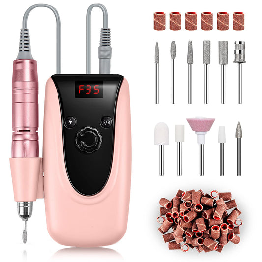 Rechargeable Professional Nail Drill Machine - Madenia 35000 RPM Portable Electric Nail File E File for Acrylic Gel Nails, Manicure Pedicure Polishing Tools with Display Screen, Pink
