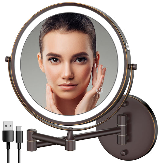Rocollos Rechargeable Wall Mounted Lighted Makeup Mirror, 8 Inch Double-Sided LED Vanity Mirror 1X/10X Magnification,3 Color Lights Touch Screen Dimmable 360°Swivel 13 Inch Extendable