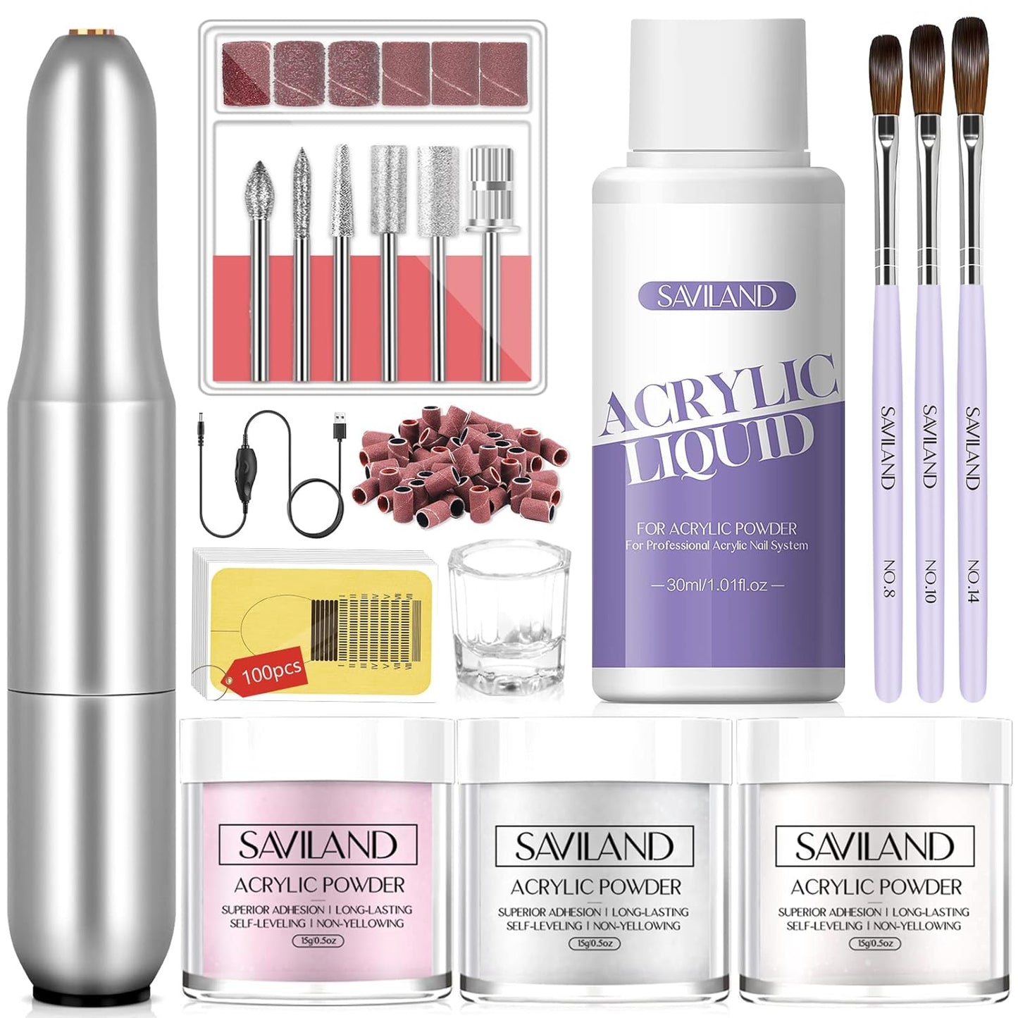 SAVILAND Acrylic Nail Kit with Drill for Beginners - 0.5oz Clear White Pink Acrylic Powder and Liquid Set Acrylic Nail Brushes Professional Acrylic Nail Kit Home DIY Nail Extension Carving