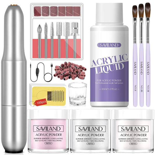 SAVILAND Acrylic Nail Kit with Drill for Beginners - 0.5oz Clear White Pink Acrylic Powder and Liquid Set Acrylic Nail Brushes Professional Acrylic Nail Kit Home DIY Nail Extension Carving