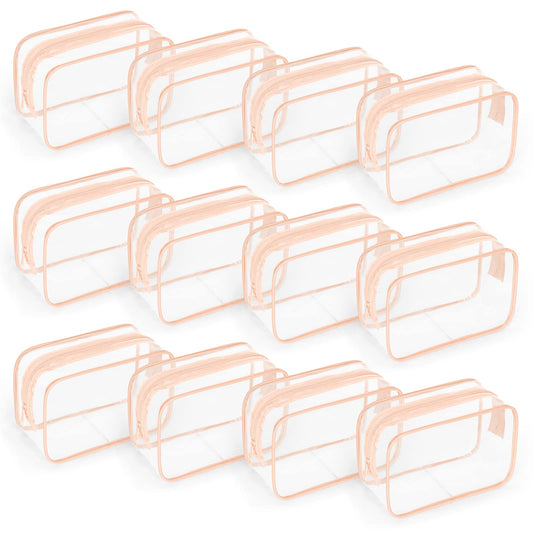 TISRATOK 12 PCS Clear Toiletry Bag for Women Men, Transparent Cosmetic Bag for Travel Makeup Organizer TSA Approved Pouch -Orange-pink, Small