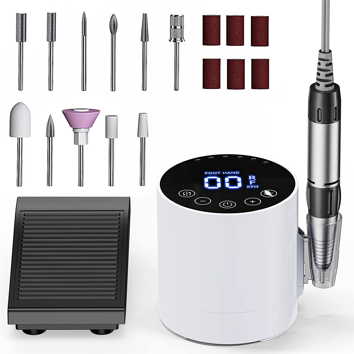 ZRFMIB Professional Electric Nail Drill Machine 11 in 1 Kit, 35000 RPM Nail File for Acrylic Gel Nails, Manicure Pedicure and Polishing Shape Tools, for Home and Salon Use, White