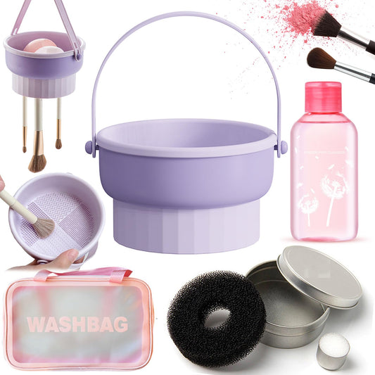 3 In 1 Makeup Brush Cleaning Set Multifunctional Washing Bowl Drying Basket with Handle Silicone Cleaner Mat Removal Cleaner Sponge 150ml/5.12fl.oz Professional Makeup Brush Cleaner