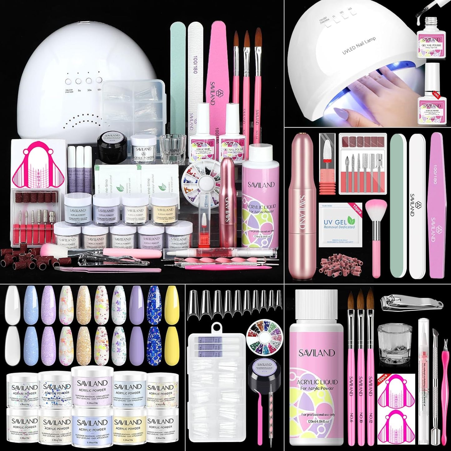 Saviland Acrylic Nail Kit with Everything: 10 Colors Acrylic Powder Clear Liquid Monomer 48W Nail Lamp 20000RPM Nail Drill Complete Tools Home Manicurist Nail Extensions