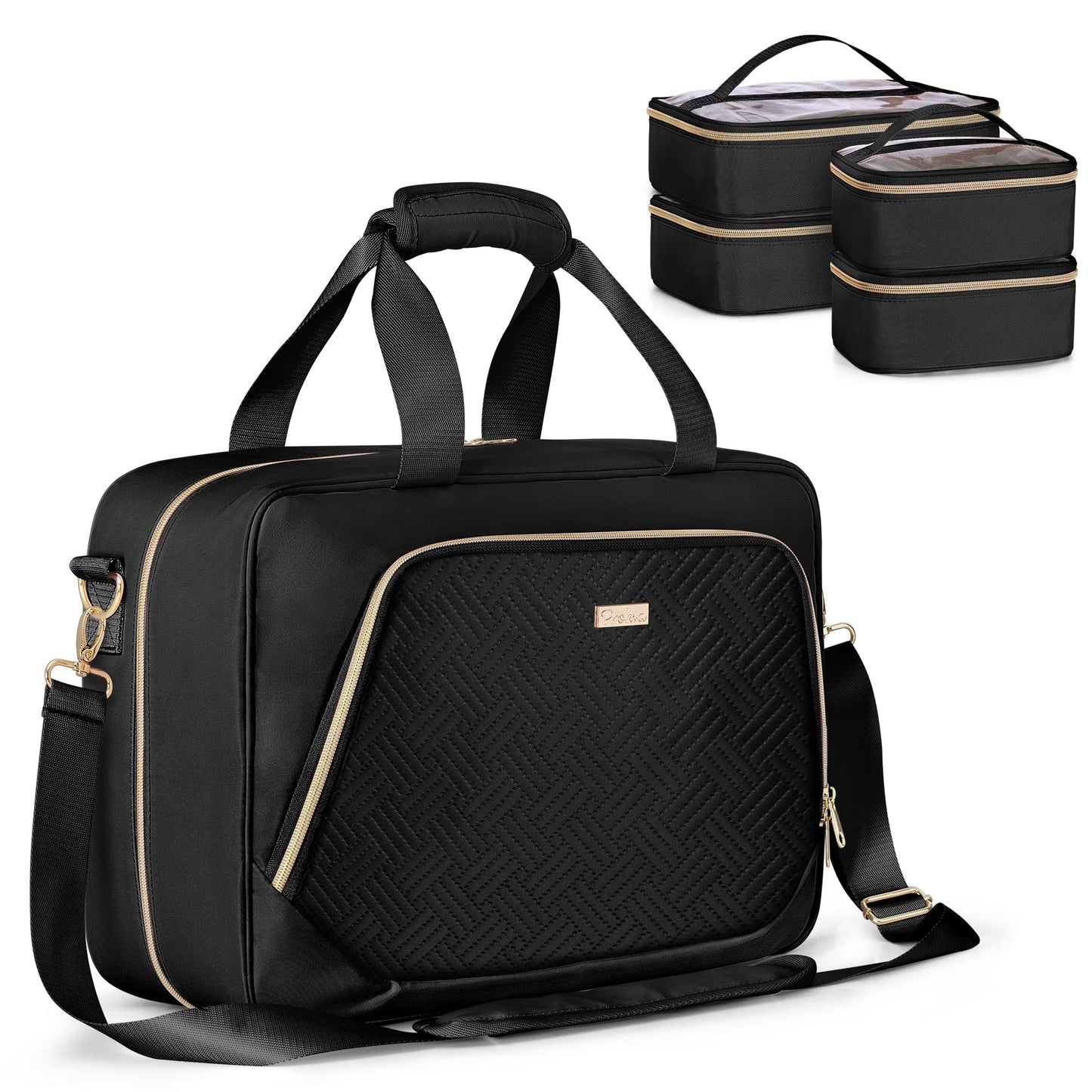 Prokva Professional Makeup Artist Travel Case with 4 Detachable Cosmetic Bags, Large Make up Organizer Bag with Makeup Kit Storage Section and Hair Tools Pocket, Black (Empty Bag Only)