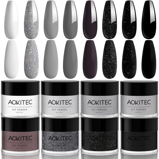 Aokitec 8 Colors Dip Powder Nail Set, Gray Classic White Black Collection Glitter Pastel Dipping Powder Manicure Starter Kit Nails French Nail Art Salon Home DIY Ideal Gifts for Women