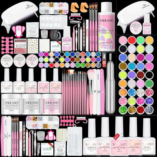 Saviland Acrylic Nail Kit with Drill – Nail Kit Acrylic Set for Nails Extension with Acrylic Powder And Liquid Set Acrylic Nail Brush Builder Nail Gel Portable U V Light for Nails Kit Set for Home DIY