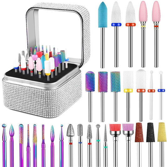 30Pcs Nail Drill Bits Set with Holder, 3/32 Inch Nail Drill Bits for Acrylic Nails, Ceramic Diamond Carbide Cuticle Efile Remover Bits for Home Salon Acrylic Gel Nail Polish
