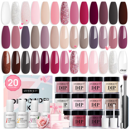 AZUREBEAUTY 29 Pcs Dip Powder Nail Kit Starter, 20 Colors Clear Nude Pink Brown Glitter All Season Acrylic Dipping Powder Liquid Set with Top/Base Coat Activator for French Nail Art DIY Salon Gift