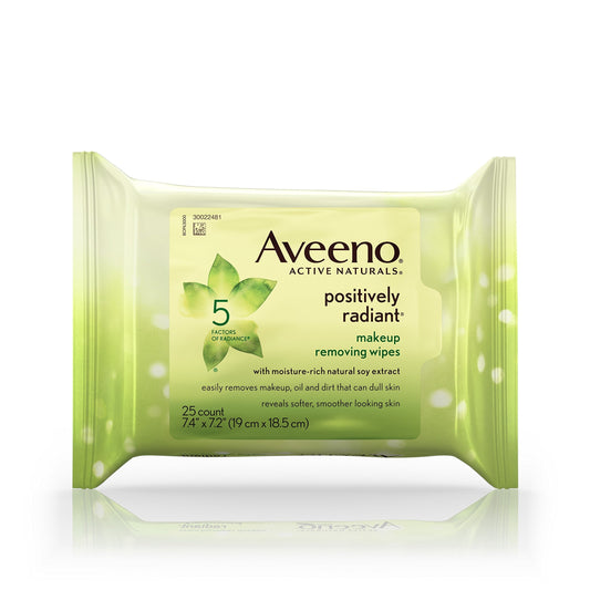 Aveeno Active Naturals Positively Radiant Makeup Removing Wipes, 25 Ea - Pack of 4