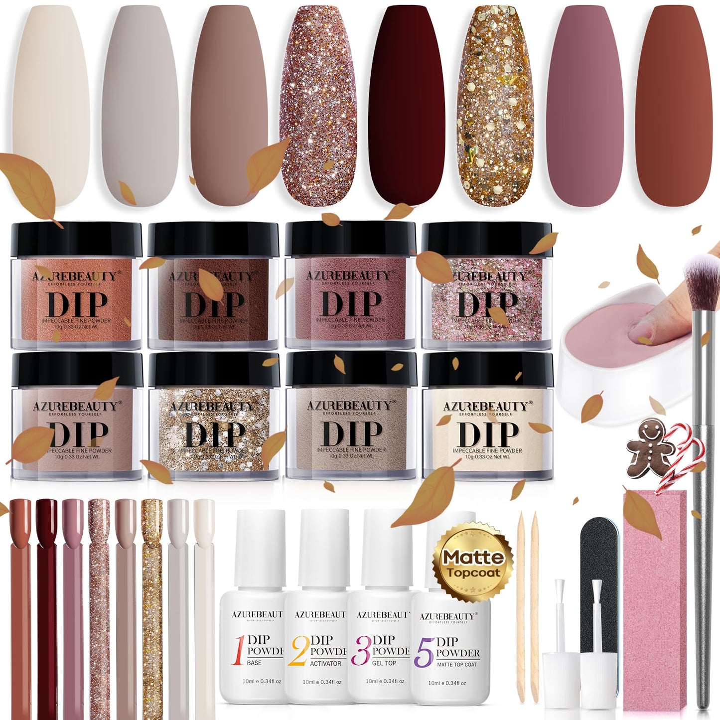 AZUREBEAUTY 30Pcs Dip Powder Nail Kit Starter with Nail Swatch Sticks, 8 Colors Fall Winter Nude Brown Glitter, Dipping Powder Liquid Set with Matte/Base/Top Coat Activator for French Manicure Salon