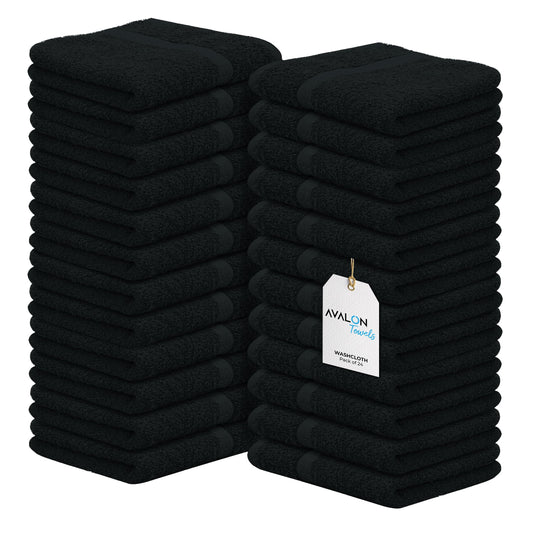 Avalon Towels Cotton Washcloths – (Pack of 24) Size 12x12 Inches Ring Spun, Super Absorbent, Soft Face Towels, Gym Towels, Hotel and Spa Quality, Multipurpose Towels Reusable Fingertip Towels (Black)