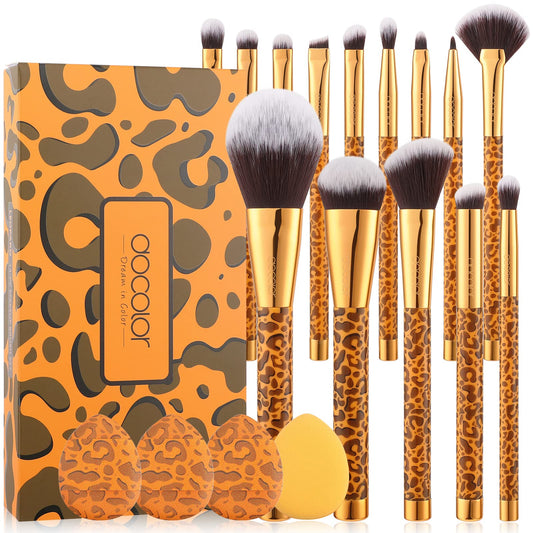 Docolor Makeup Brushes 14Pcs Leopard Makeup Brush Set with 4pcs Makeup Puffs Premium Synthetic Powder Foundation Contour Blush Concealer Eye Shadow Blending Make Up Brush Kit