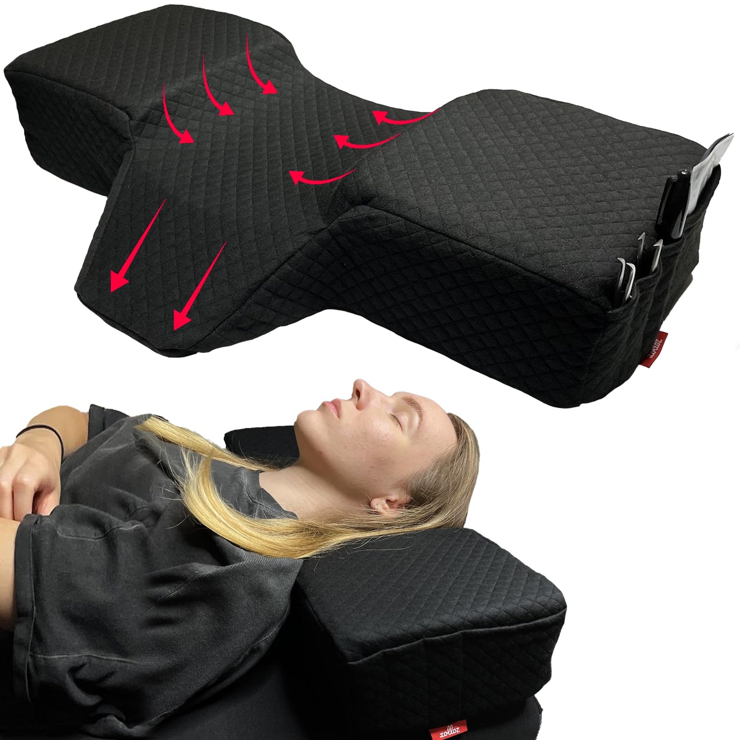 XOLLOZ Pillow For Eyelash Extensions - Curved Memory Foam Lash Bed Pillow With Neck And Back Support, Perfect Pillow For Eyelash Extensions, Two Pockets For Tools On The Sides Of Pillow (Black)