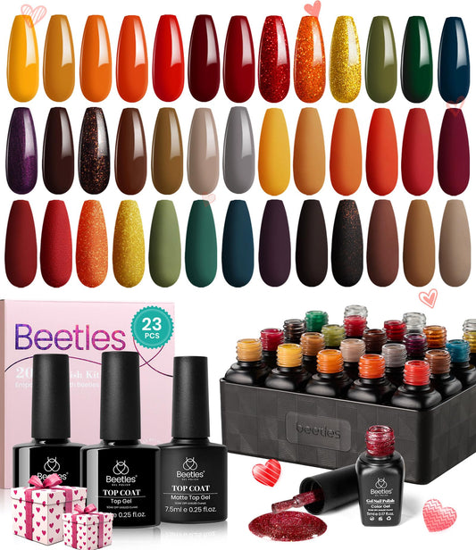 beetles Gel Polish Nail Set 20 Colors Cozy Campfire Collection Orange Yellow Green Brown Gel Polish Set Soak Off Uv Lamp Need Base Glossy & Matte Top Coat Manicure Kit for Girls Women Gift