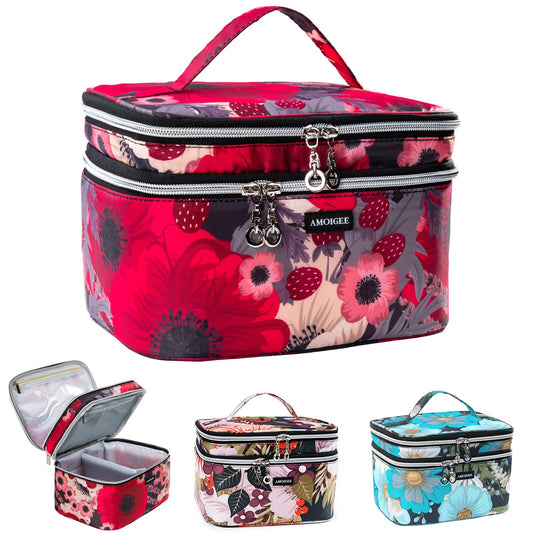 AMOIGEE Travel Makeup Bag Organizer, Double Layer Train Case Makeup Bag, Toiletry Bag for Makeup Brushes, Full Size Bottles, Palettes Sponge, Cosmetic Organizer