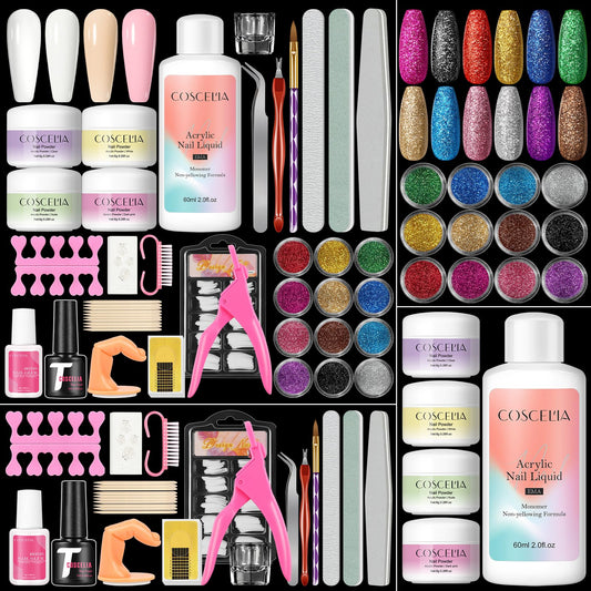 Acrylic Nail Kit with Everything for Beginners Professional Nail Kit Acrylic Set Acrylic Powder Glitter Decoration Powder False Tips Nail Art Tools Complete Nail Kit Gift for Women