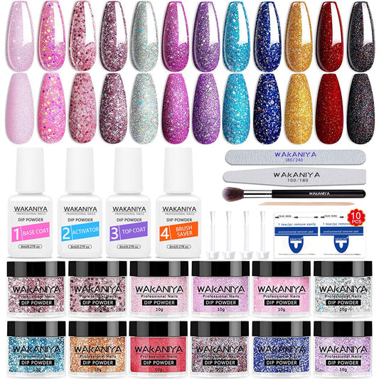wakaniya 33 PCS Nail Powder Dip Kit - 12 Glitter Colors Purple Pink Dipping Powder with Dip Liquids Set Base Top Coat Activator Fast Dry Dip Powder Kit for Salon and Home DIY