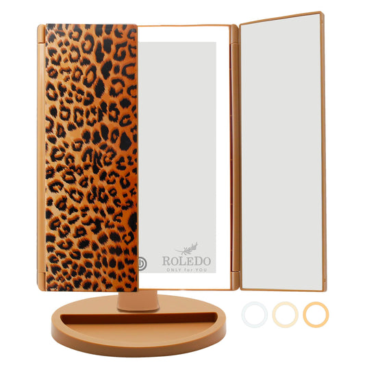 3 Folds Lighted Vanity Makeup Mirror, 2X/3X Magnification, 72 LED Lights Desk Mirror with Touch Screen 3 Color Lighting, Portable Cosmetic Mirror, Gifts for Women, Teen Girls, Leopard Print