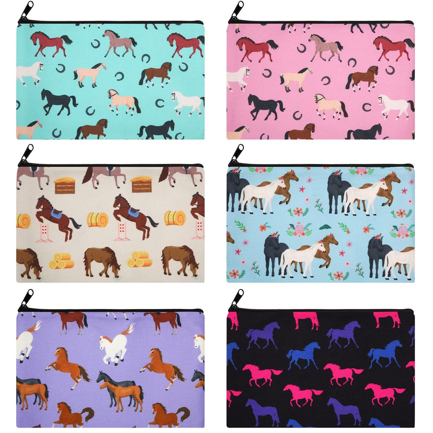 6 Pieces Sloth Makeup Bags Horses Cosmetic Bag for Women Girls Horses Gifts Sloth Gift Handbag Double-sided Printed Travel Toiletry Organizer Canvas Small Pencil Case with Zipper, 9 x 6 Inch (Horses)