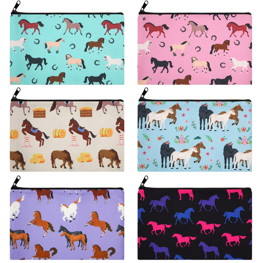 6 Pieces Sloth Makeup Bags Horses Cosmetic Bag for Women Girls Horses Gifts Sloth Gift Handbag Double-sided Printed Travel Toiletry Organizer Canvas Small Pencil Case with Zipper, 9 x 6 Inch (Horses)