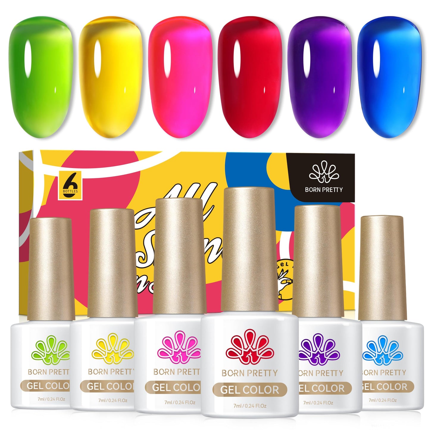 Born Pretty Jelly Gel Nail Polish 30% Ice Jelly Neon Gel Polish Crystal Transparent Spring Summer Colorful Gel Polish Green Yellow Hot Pink Red Blue Purple Nail Art Varnish Manicure 6PCS Neon Garden