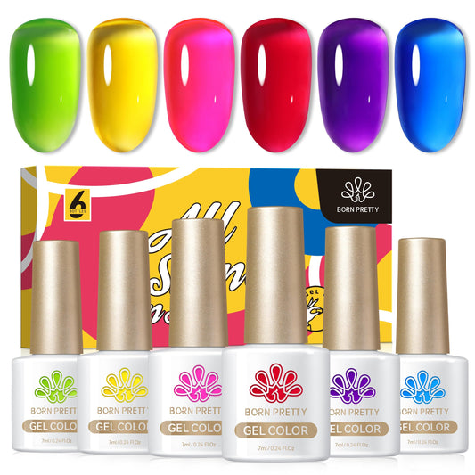 Born Pretty Jelly Gel Nail Polish 30% Ice Jelly Neon Gel Polish Crystal Transparent Spring Summer Colorful Gel Polish Green Yellow Hot Pink Red Blue Purple Nail Art Varnish Manicure 6PCS Neon Garden