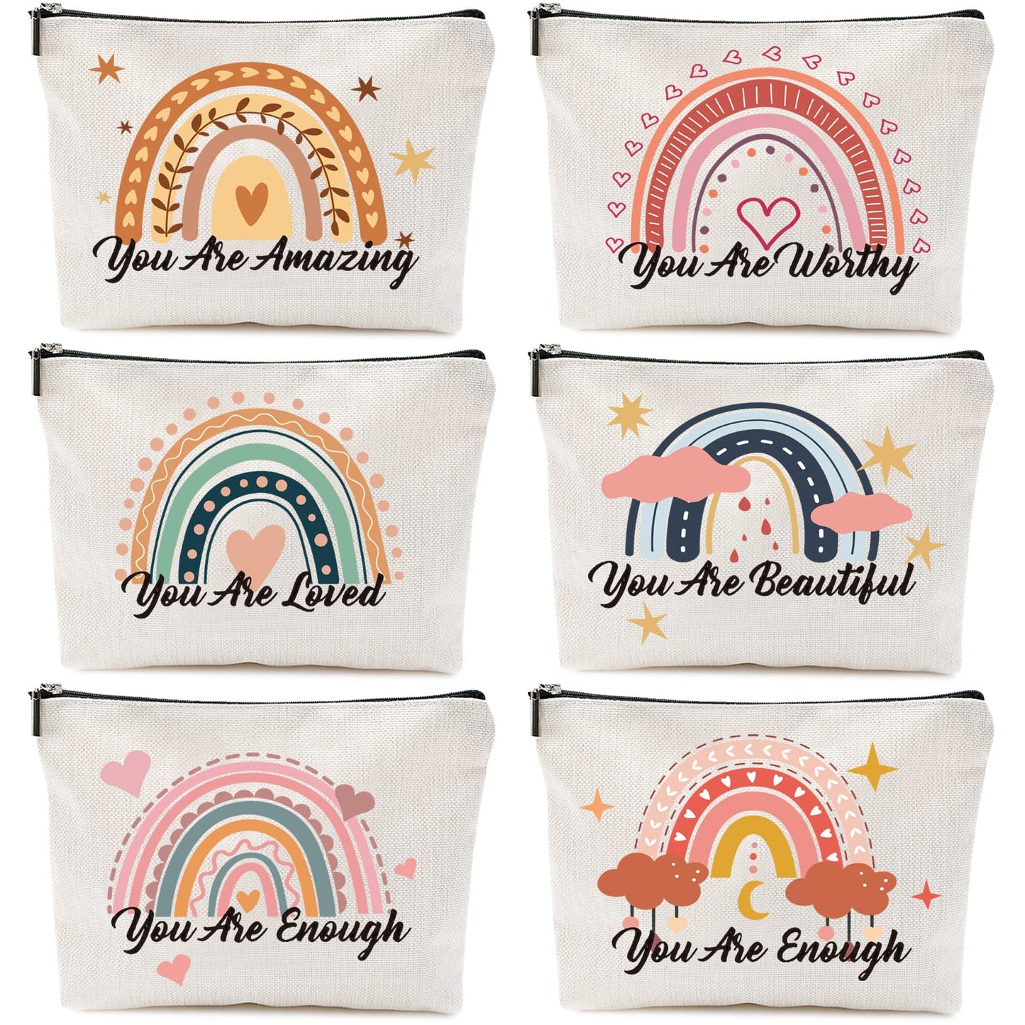 CHENGU 6 Pcs Canvas Rainbow Heart Cosmetic Bags, Inspirational Gifts for Women, Believe in Yourself Motivational Quotes Makeup Bag for Women Birthday Friend Teacher Graduation New Year Party(Sweet)