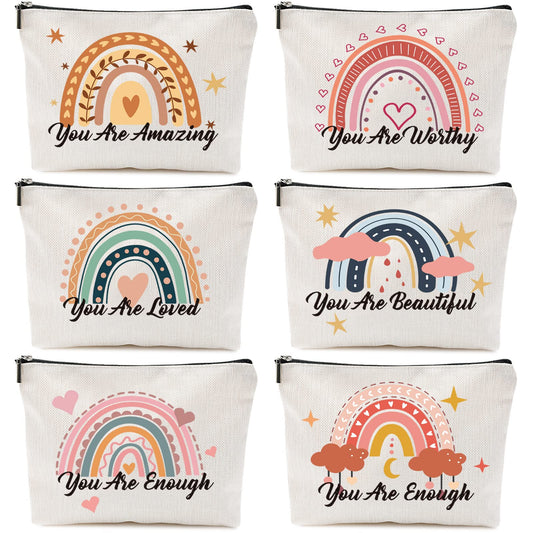CHENGU 6 Pcs Canvas Rainbow Heart Cosmetic Bags, Inspirational Gifts for Women, Believe in Yourself Motivational Quotes Makeup Bag for Women Birthday Friend Teacher Graduation New Year Party(Sweet)