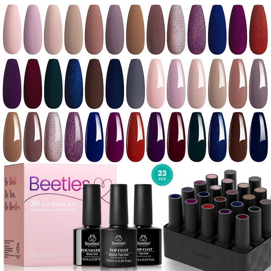 Beetles 23 Pcs Gel Nail Polish Kit - Manhattan Collection Winter Nude Glitter Burgundy Red Champagne Gold Gel Polish Soak Off UV Glossy & Matte Top Base Coat Gifts for Women