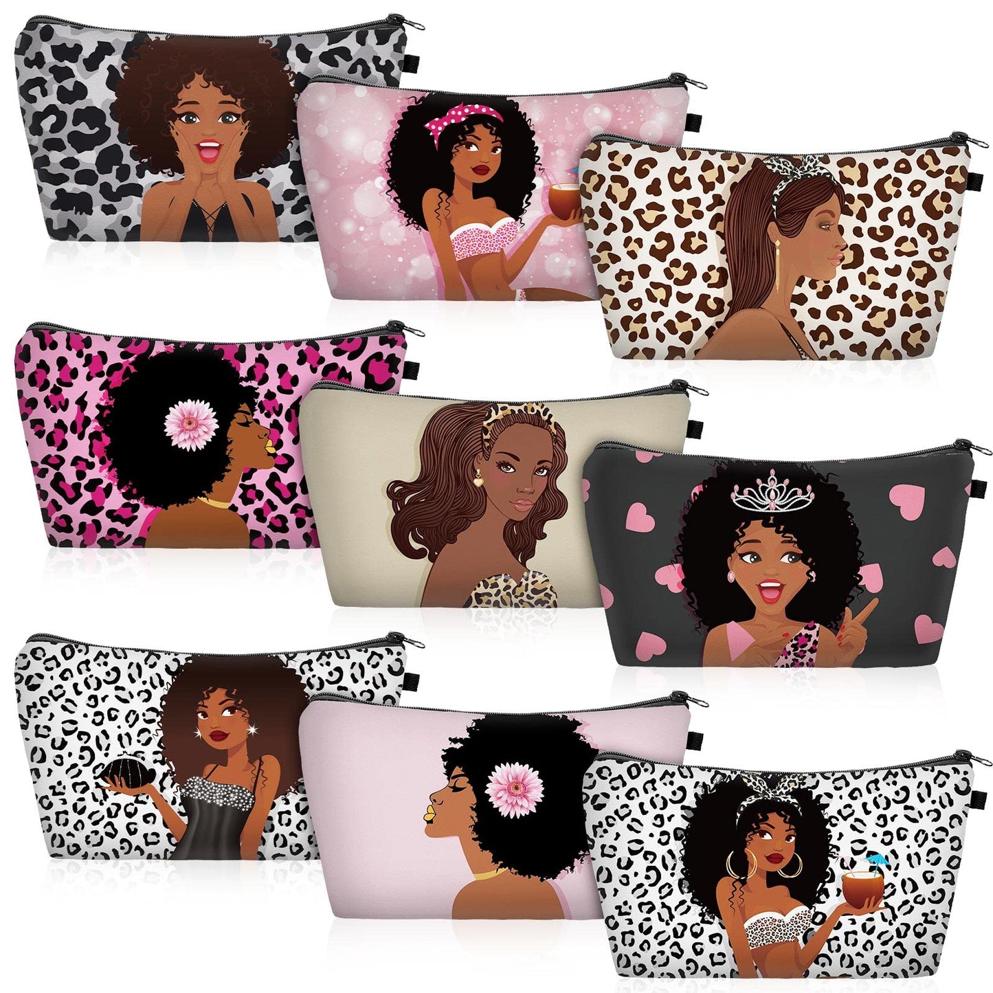 Chunful 9 Pcs Black Women Makeup Bag African American Make up Pouch Bags Canvas Travel Cosmetic Bags for Women Queen Zippered Toiletry Bag Reusable Multi Purpose Organizer for Adults (Stylish Style)