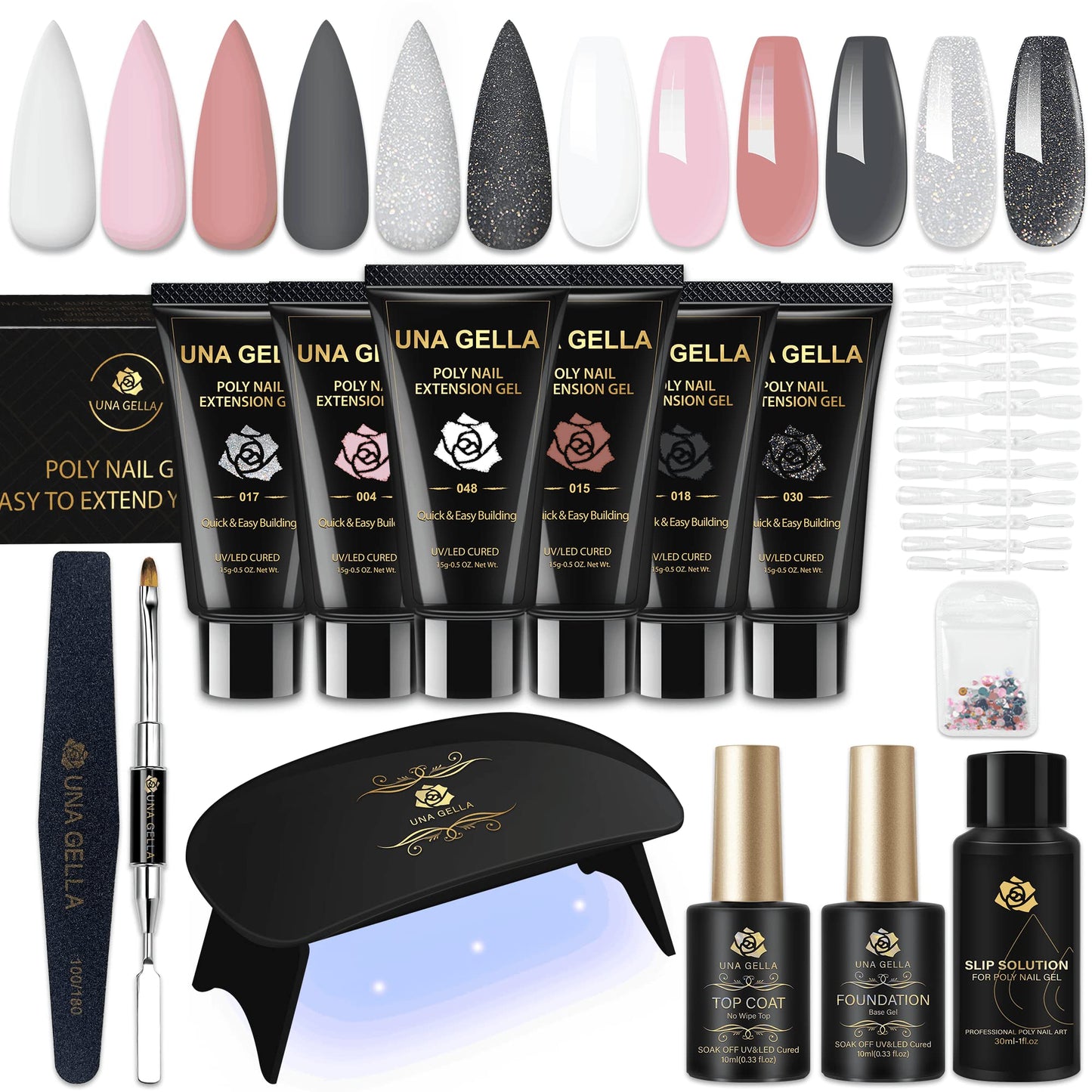 UNA GELLA Poly Nail Extension Gel Kit - 6 PCS Poly Nail Gel Nude Clear Dark Grey Pink All-In-One Kit Builder Nail Gel with U V LED Nail Lamp Base Gel Top Coat French Manicure for Beginner DIY at Home