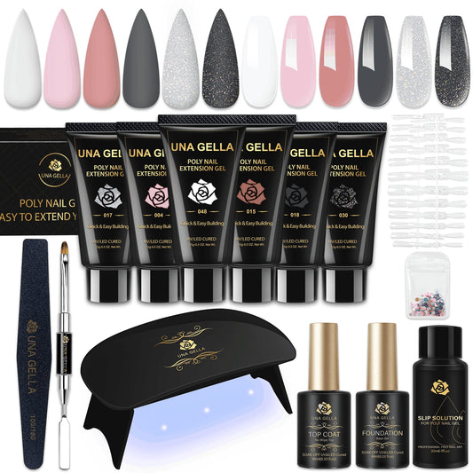 UNA GELLA Poly Nail Extension Gel Kit - 6 PCS Poly Nail Gel Nude Clear Dark Grey Pink All-In-One Kit Builder Nail Gel with U V LED Nail Lamp Base Gel Top Coat French Manicure for Beginner DIY at Home