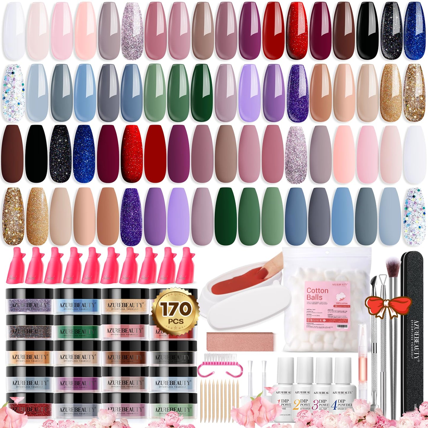 170Pcs Dip Nails Powder Starter Kit, AZUREBEAUTY 36 Colors All Seaon Glitter Brown Dipping Powder with Top/Base Coat Activator & Removal Accessories Set for French Manicure Salon DIY Valentine's Day