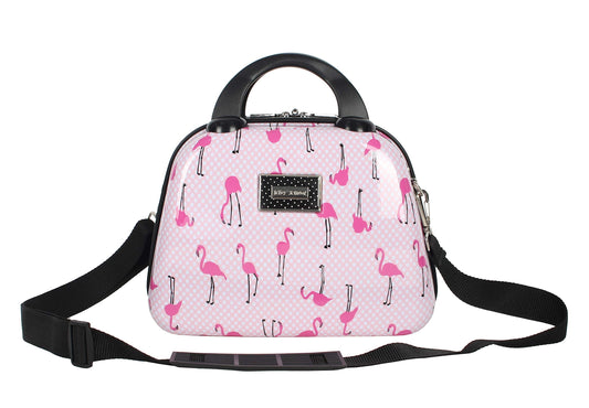 Betsey Johnson Hardside Cosmetic Case - Lightweight Small Size Hardshell Travel Hand Makeup Bag - Adjustable Shoulder Strap - Bag for Women- Multi-Functional Case (Flamingo Strut)