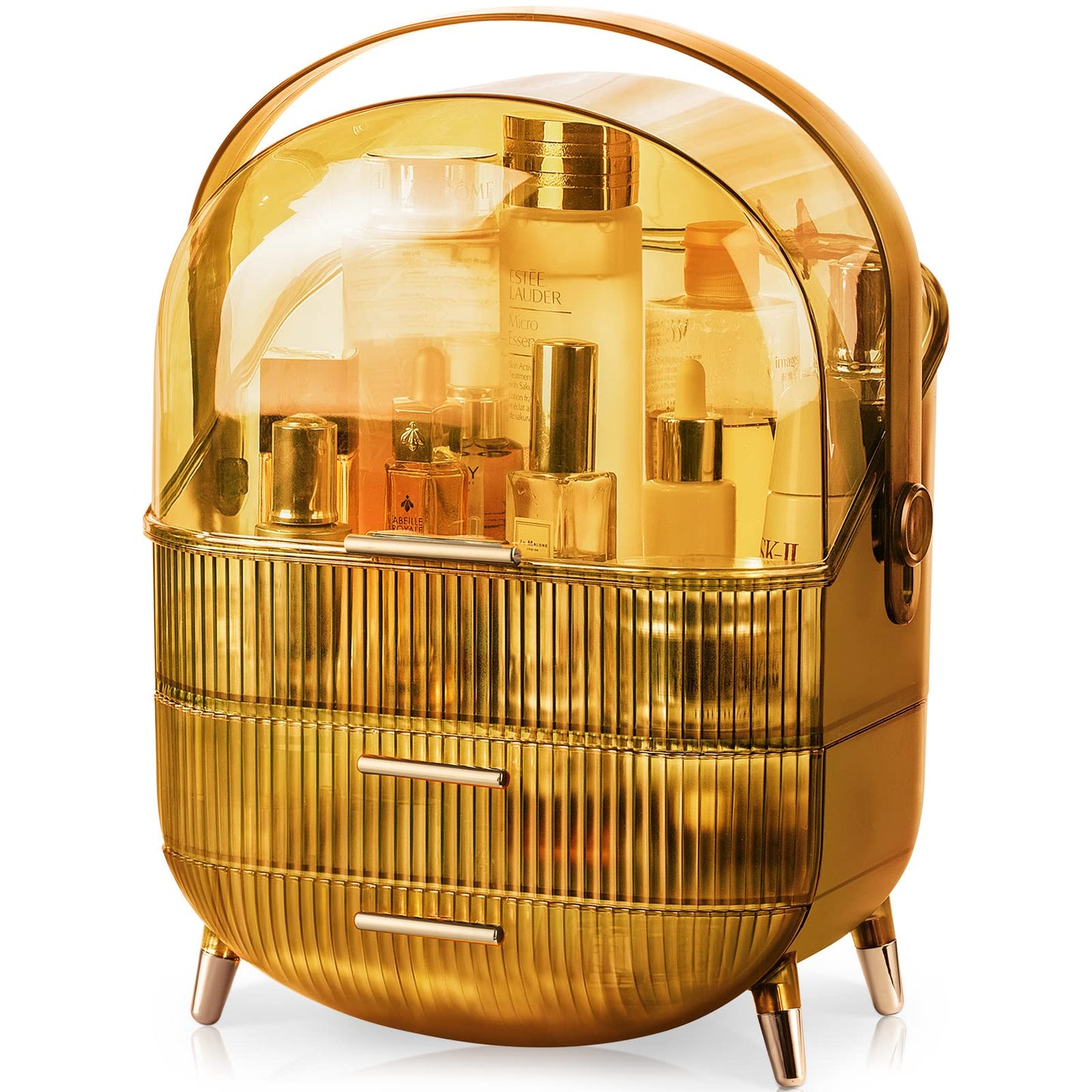 CANITORON Makeup Organizer, 3 Layers Large Capacity Cosmetic Storage, Cosmetic Display Case with 2 Storage Drawers, Cosmetic Organizer for Bathroom Counter, Vanity Countertop, Bedroom, Desk-T1-LAmber