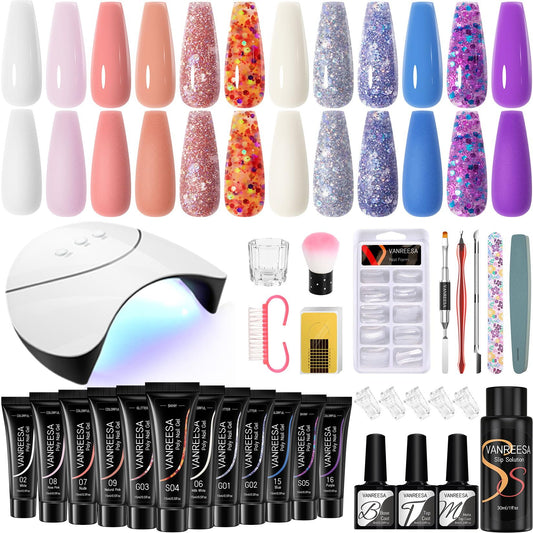 VANREESA Poly Nail Gel Kit 12 Colors Poly Nail Gel Kit Starter Kit with U V Light Pink Blue Purple Glitter Poly Nail Gel with Slip Solution Poly Extension Gel Nail Kit Gifts for Women