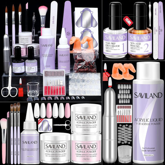 SAVILAND Acrylic Nail Kit for Nail Practice - 3 Colors Acrylic Powder and 120ML Acrylic Liquid Set with Acrylic Brush for Extension Nails Starter Kit for Home DIY Acrylic Nails Application