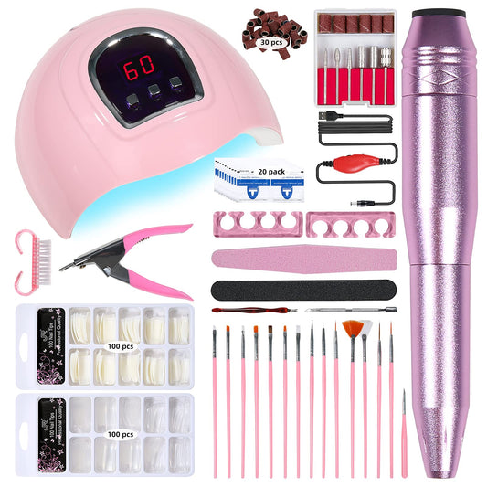 Acrylic Nail Kit Set with Drill, Nail Drill Supplies with Everything Electric Nail Drill 54W U V LED Nail Light Dryer Lamp Polishing Manicure Pen, False Nail Tips Nail Files Art Brushes for Beginner