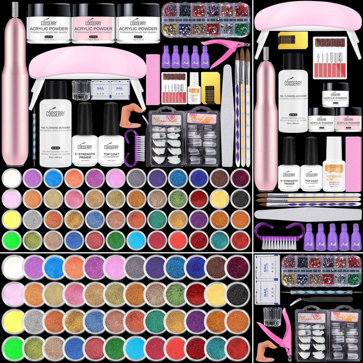 Cooserry 48 Colors Acrylic Nail Kit with Drill and UV Light - Glitter Acrylic Powder Monomer Liquid Set with Everything with Acrylic Brushes and 200 Pcs Nail Tips for Acrylic Nail Beginner