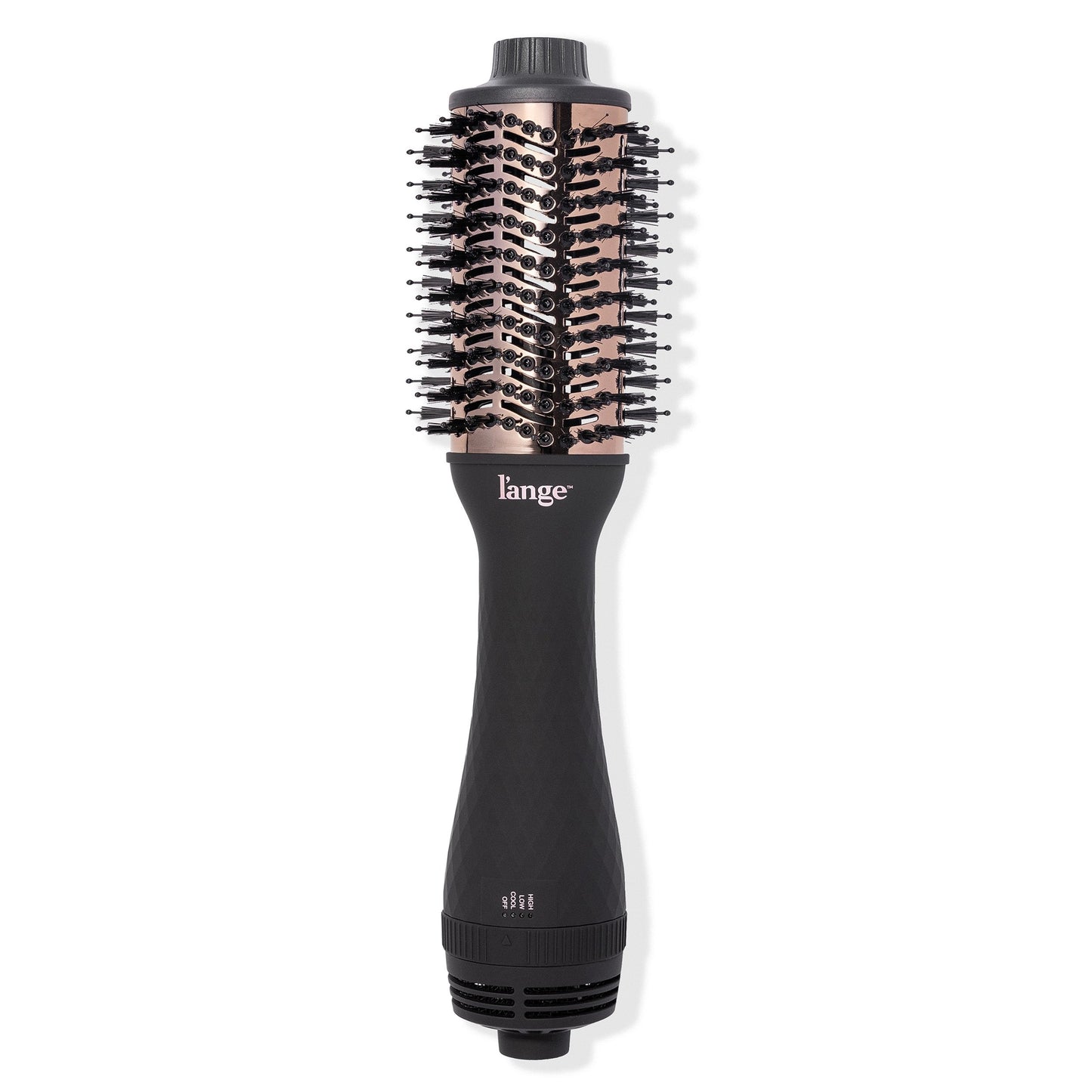 Black 60mm titanium brush dryer with black bristles, cool tip with blush LĄŻange logo